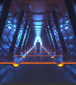 Alien spaceship interior with a person inside wallpaper — Vivo X Fold3 Picha ya Ukuta