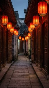 Lantern nyekundu zinazowasha katika alley nyembamba ya China ya zamani wakati wa magharibi