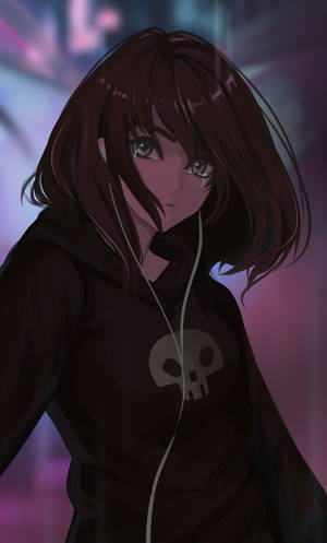 Anime Girl Hoodie Nyeusi Skull wallpaper — Msichana wa anime hoodie Picha ya Ukuta