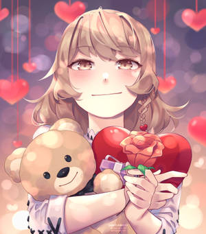 Cute Anime Girl Holding Hear And Bear wallpaper — Vivo X Fold5 Picha ya Ukuta