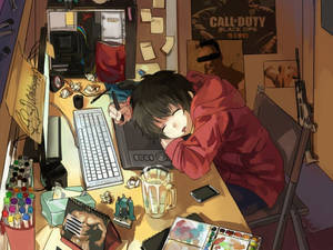Anime Guy Anaweka Kwenye Trackpad ya Laptop