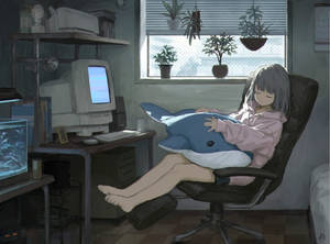 Anime Mwanamke Anayemlala Mbele ya Laptop