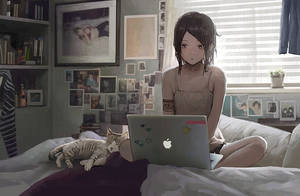 Anime Mwanamke Anayetumia Laptop Kwenye Kitanda
