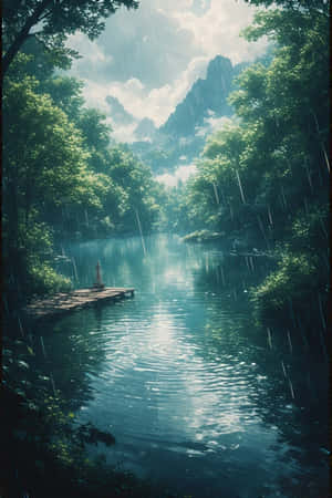 anime, ziwa, mvua, msitu, kijani, mwitu, asili, 4K — iPhone 4 Picha ya Ukuta