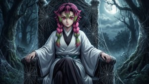 Rui anapata arusi iliyotengenezwa kwa vitambaa vya spida chini ya mwangaza wa mwezi. — Rui Demon Slayer Picha ya Ukuta
