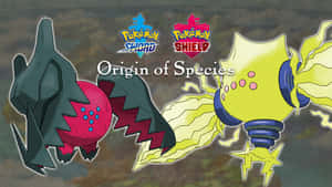 Picha ya Regidrago na Regieleki yenye maandishi ya rangi nyeupe yanayosema Asili ya Spishi katikati, na alama za Pokemon Sword na Shield juu