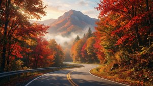 Mandhari ya anime ya barabara inayojipinda ya autumn kuelekea milimani. — Anime aesthetic GIF Picha ya Ukuta