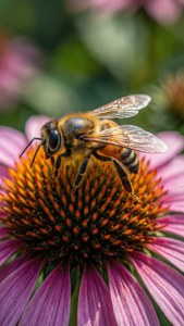Macro ya bee kwenye coneflower ya zambarau, aesthetic ya asili — Uzuri wa maua Picha ya Ukuta