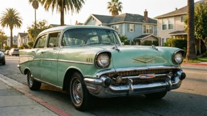 Chevy Bel Air ya kijani kibichi cha mint katika mtaa wa zamani wenye mwangaza wa jua
