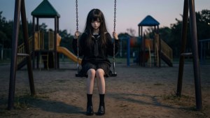Msichana wa anime mwenye huzuni kwenye bembea wakati wa machweo. — Anime ya kusikitisha Picha ya Ukuta