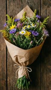 Bouquet ya maua ya mwituni kwenye karatasi ya kahawia juu ya mbao, joto la kijijini na asili. — Uzuri wa maua Picha ya Ukuta