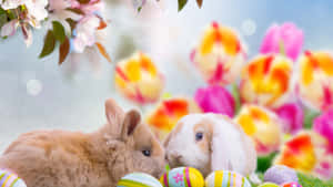 Bunnies za Paskia na Mazinga ya Rangi kwenye Mandhari ya Bahari ya Spring