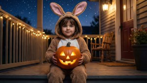 Mtoto mwenye kuweka pijama za bunny na pampu, wallpaper ya Halloween ya kusisimua. — Pipi Halloween Picha ya Ukuta
