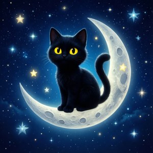 Cat mweusi wa Toca Boca anayejenga juu ya mwezi wa nusu. — Galaxy Watch Picha ya Ukuta