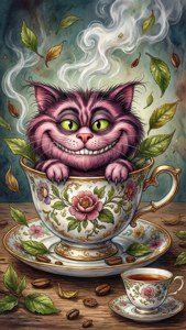 Paka Cheshire wa rangi ya maji anayechungulia kutoka kwenye kikombe cha chai.