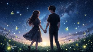Wapenzi wa anime chini ya anga yenye nyota na nyota za kuruka. — Anime aesthetic GIF Picha ya Ukuta