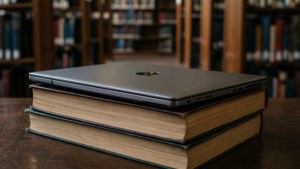 Chromebook imewekwa juu ya vitabu maktabani, inafaa kwa mandhari ya kusoma.
