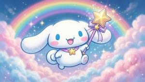Cinnamoroll anayetembea mawingu ya mwisho wa mvua, wallpaper kawaii ya ndoto iliyojawa na sihiri. — Kawaii Picha ya Ukuta