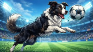 Border Collie ya anime yenye nguvu anacheza soka katika uwanja.