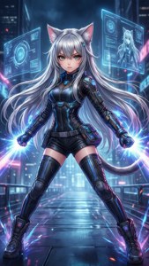Mwanamke mnyau wa siku zijazo katika mji wa cyberpunk — Paka wa anime Picha ya Ukuta