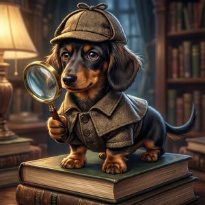 Dachshund mwanasiria wa anime anayefanya uchunguzi katika maktaba ya kusanyiko. — Galaxy Watch Picha ya Ukuta