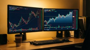 Monitors mbili na chati za stock, kikombe cha kahawa, mwanga wa mwanga kwenye deski