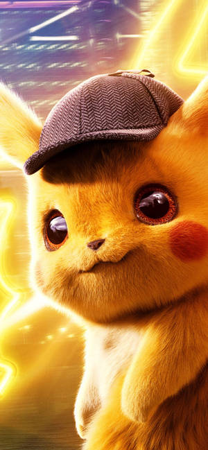 Detective Pikachu with yellow neon lights wallpaper — iPhone 12 Picha ya Ukuta