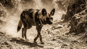 Dingo anayetembea kwenye mto mwani wa Australia na rangi za sepia.