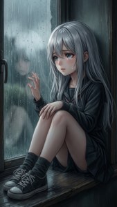 Mwanamke wa anime mwenye mwanga anayetimba kwenye mwanga wa dirisha, akitazama nje kwenye mvua, mkono wake unatupia kwenye glasi. — iPhone 8 Picha ya Ukuta