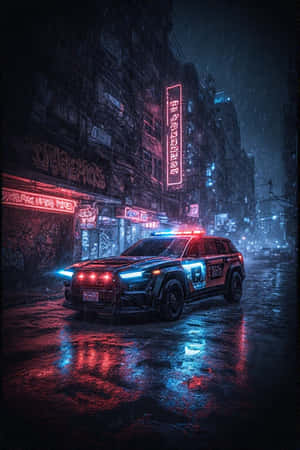 gari la polisi la baadaye,taa za neon,jiji la giza,mjini,grafiti,maduka,usiku — Jiji la giza Picha ya Ukuta