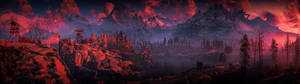 Dark red sunset with mountains wallpaper — 5120x1440 Picha ya Ukuta