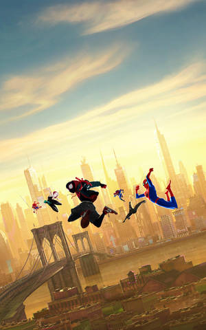 Into The Spider Verse with different Spiderman jumping on air. — Galaxy Tab S9 Picha ya Ukuta