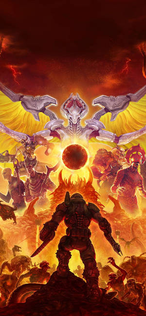 Wallpaper of a Doom Eternal art with a Doom Slayer facing Khan Maykr and minions.