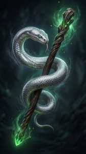 Nyoka iliyokunjwa kwenye fimbo inayomwangaza. — Slytherin Aesthetic Picha ya Ukuta