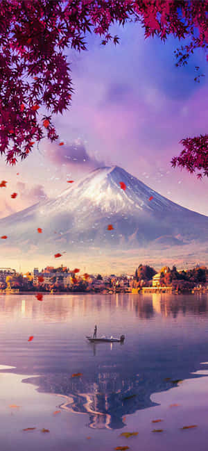 Fuji Peak With Lake And Falling Leaves — Vivo V Picha ya Ukuta