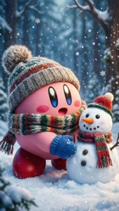 Kirby anacheza kwenye theluji akijenga mtu wa theluji, amekwama kwa kikamilifu kwa kufunga shali na kofia. — Kirby GIF Picha ya Ukuta