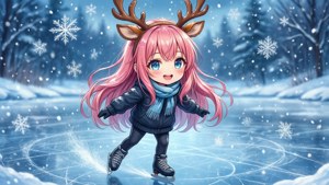 Mwanamke wa anime mwenye mabweni ya pinki anakuendesha barafu kwenye tundu la barafu wakati wa baridi. — Anime ya krismasi Picha ya Ukuta