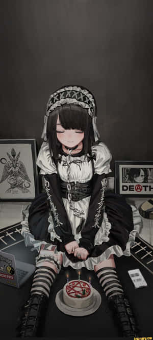 Goth Anime Maid In Front Of Pentagram Cake — Huawei Mate X7 Picha ya Ukuta