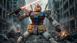 RX-78-2 Gundam katika mkao wa vita wa kusisimua katikati ya mji ulioharibiwa.