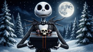 Jack Skellington anatoa hadithi ya Krismasi yenye mwanga katika theluji. — Usiku wa kutisha kabla ya krismasi Picha ya Ukuta