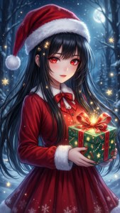 Mwanamke wa anime katika vazi la Santa akishika hadiya inayomwangaza katika msitu wenye theluji — Anime ya krismasi Picha ya Ukuta