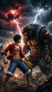 Luffy akiwa katika Gear Fourth akipambana na Kaido chini ya anga la dhoruba. — iPhone 7 Picha ya Ukuta