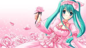 Hatsune Miku wa Anime Mrembo Mwenye Kikoi cha Pink na Mawaridi — Kawaii Anime Picha ya Ukuta