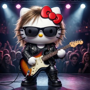 Hello Kitty anazunguka kwenye jukwaa na gitari yake.