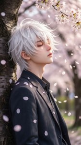 Mvulana wa anime mwenye huzuni anajiegemeza kwenye mti wa maua ya cherry, maua yakimwangukia. — Anime ya kusikitisha Picha ya Ukuta