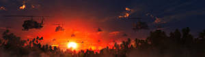 Helicopters flying during a red sunset wallpaper. — 5120x1440 Picha ya Ukuta