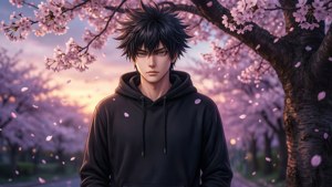 Yuji Itadori amesimama chini ya mti wa maua ya sakura, maua yakielea angani wakati wa jioni. — Jujutsu kaisen Picha ya Ukuta