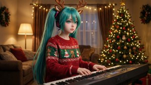 Hatsune Miku akitumia keyboard katika sweta ya Krismasi — Anime ya krismasi Picha ya Ukuta