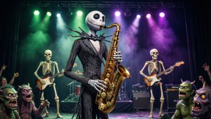 Jack Skellington anacheza solo ya saxophone kwa hadhira ya wanyama wa kutisha. — Usiku wa kutisha kabla ya krismasi Picha ya Ukuta