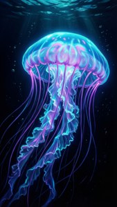 Jellyfish inayong'aa kwa rangi ya samawati na zambarau katika bahari nyeusi ya amoled